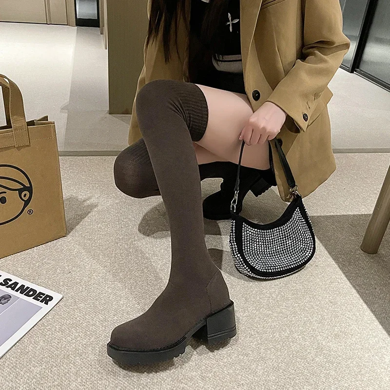 Knee length elastic boots for women in 2024, new spring, autumn, and winter knitted leg tie high leg slim boots