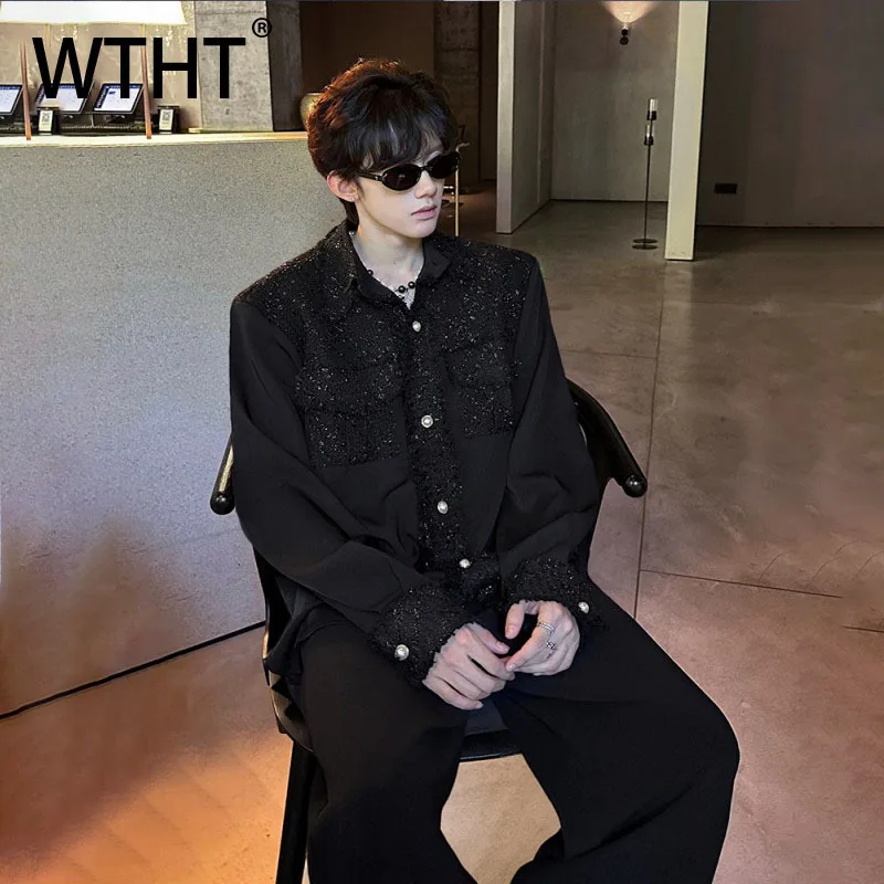 

WTHT Fashion 2025 Autumn Men's Spliced Ribbon Solid Color Shirts Trendy Loose Single-breasted Long Sleeves Tops Male 2A1780