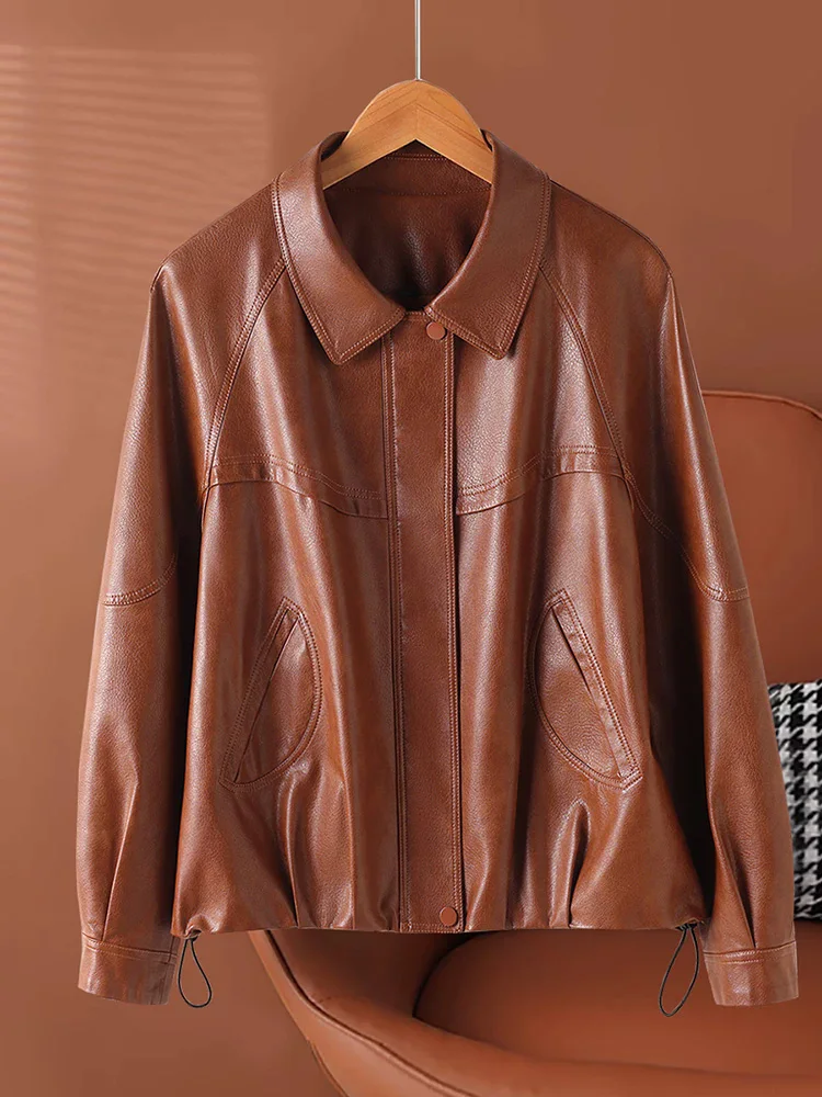 New Women Loose Split Leather Jacket Spring Autumn Fashion Raglan Sleeve Drawstring Hem Vintage Casual Daily Leather Coat