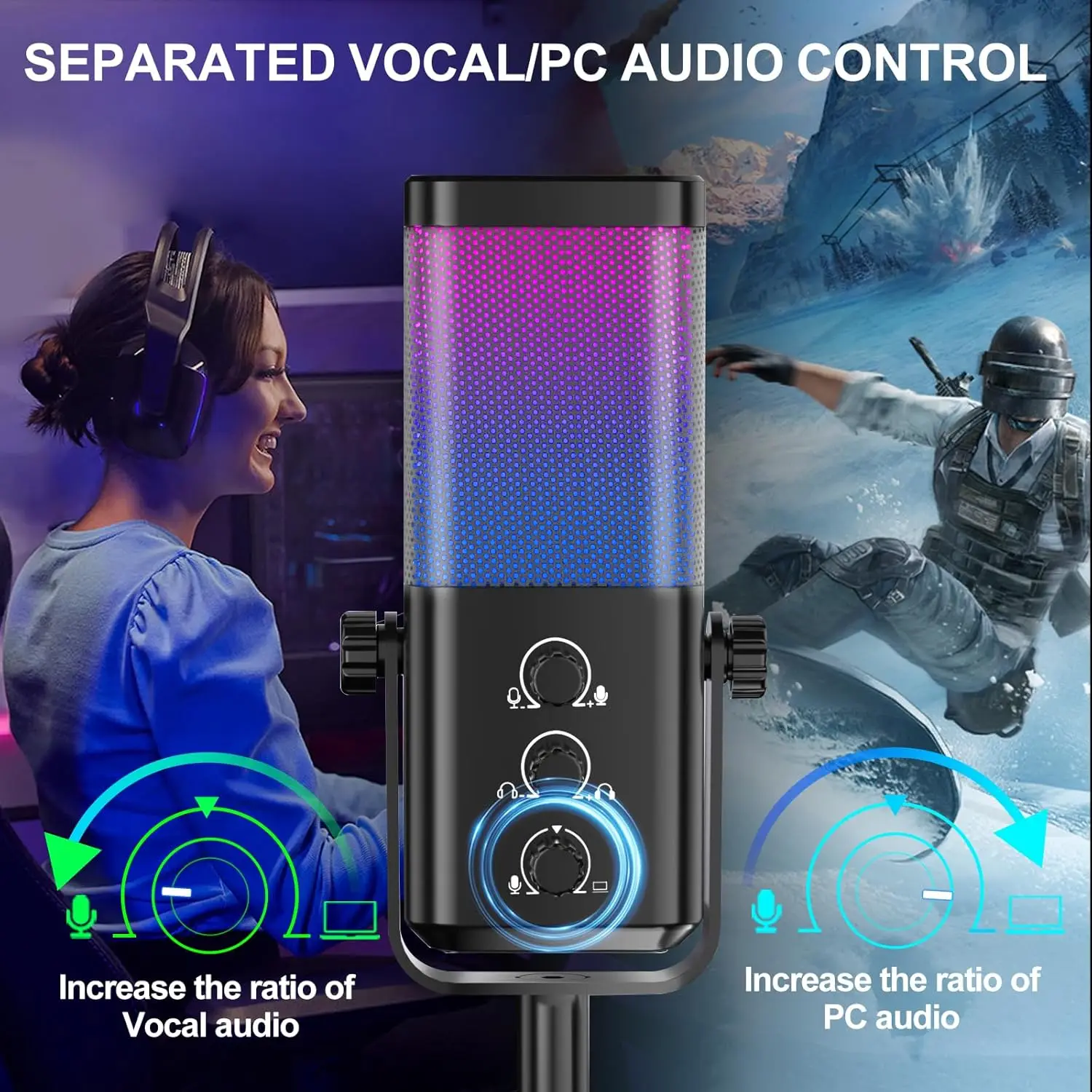 RGB Gaming Microphone with Game Voice Balance&Noise Cancellation, Studio USB Computer Condenser Mic for Streaming/Recording/Disc