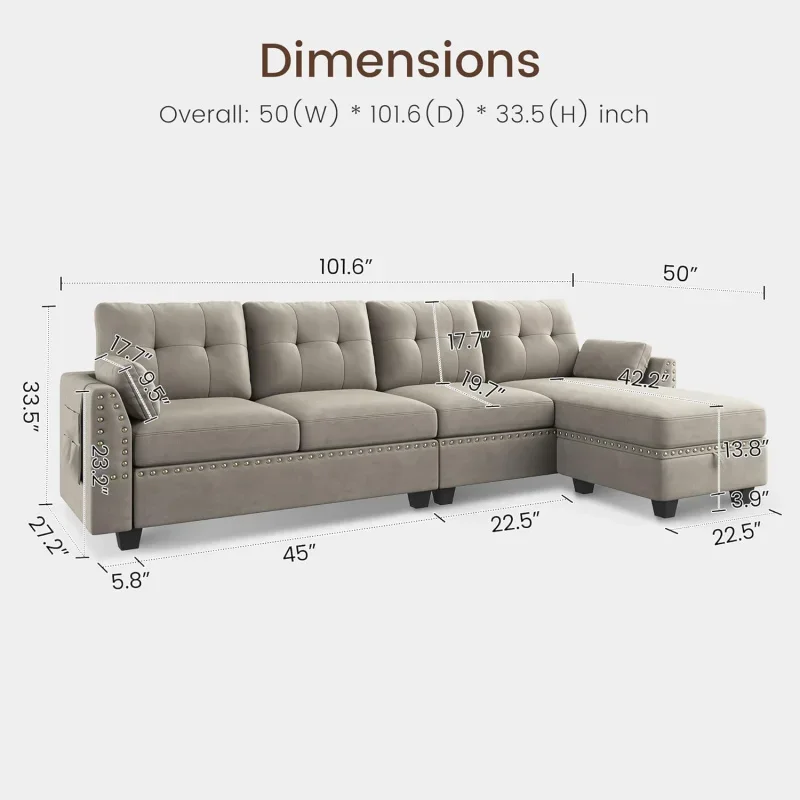 Velvet Convertible Sectional Sofa L Shaped Couch with Storage Ottoman Reversible for Small Space,Light Grey