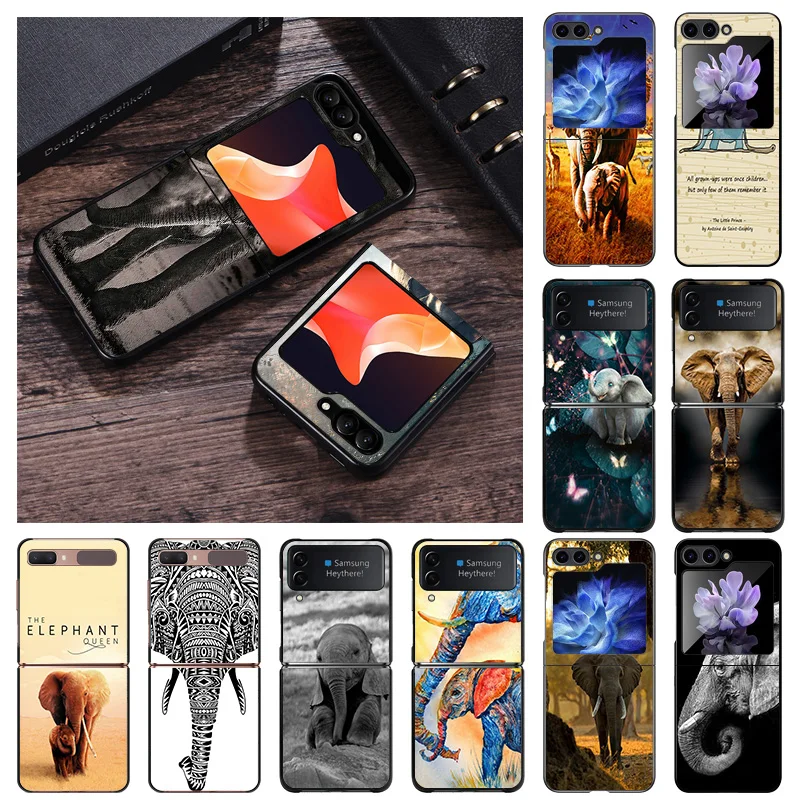 Matte Phone Case For Samsung Galaxy Z Flip5 Flip4 Flip3 Flip 3 4 5 5G Luxury Elephant Baby Animal ZFLIP Hard Black Soft Cover