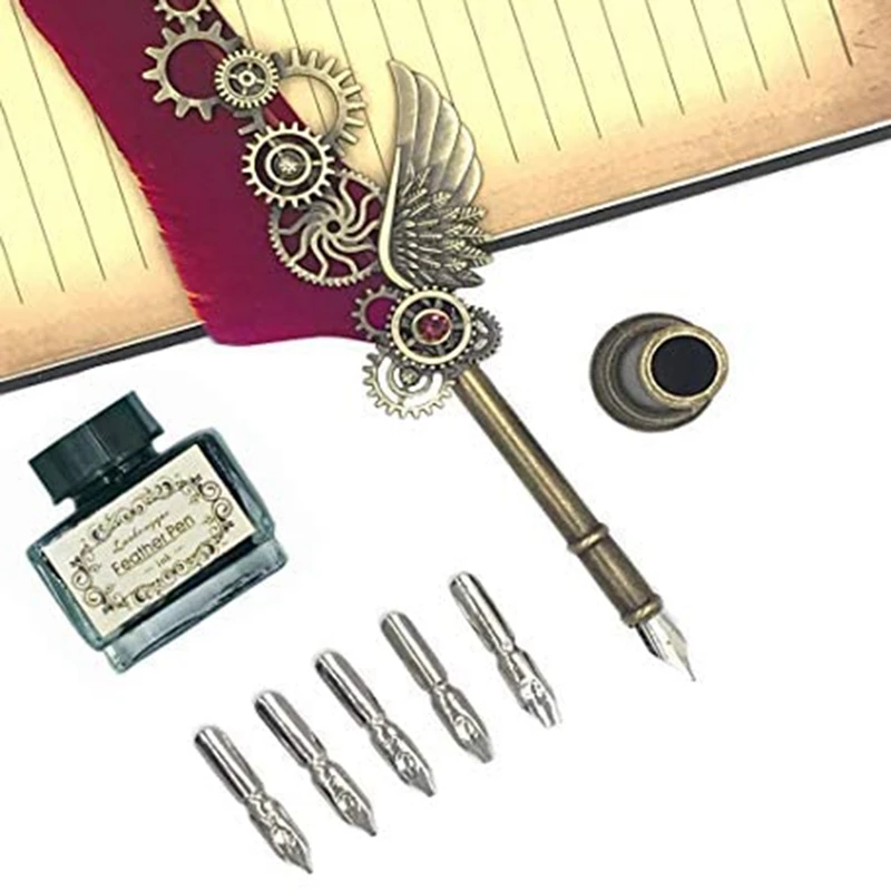 Imagem -05 - Antique Quill Pena Caneta Conjunto Tinta Mergulho Vintage Caligrafia Steampunk