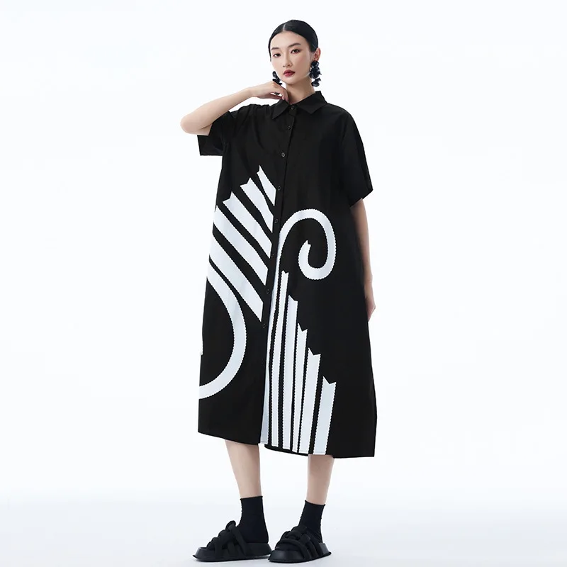 レトロなドレス、コントラストプリントカジュアルトレンド半袖シャツロングスカート、女性用、夏の新しいゆったりとしたパーソナライズされたドレス