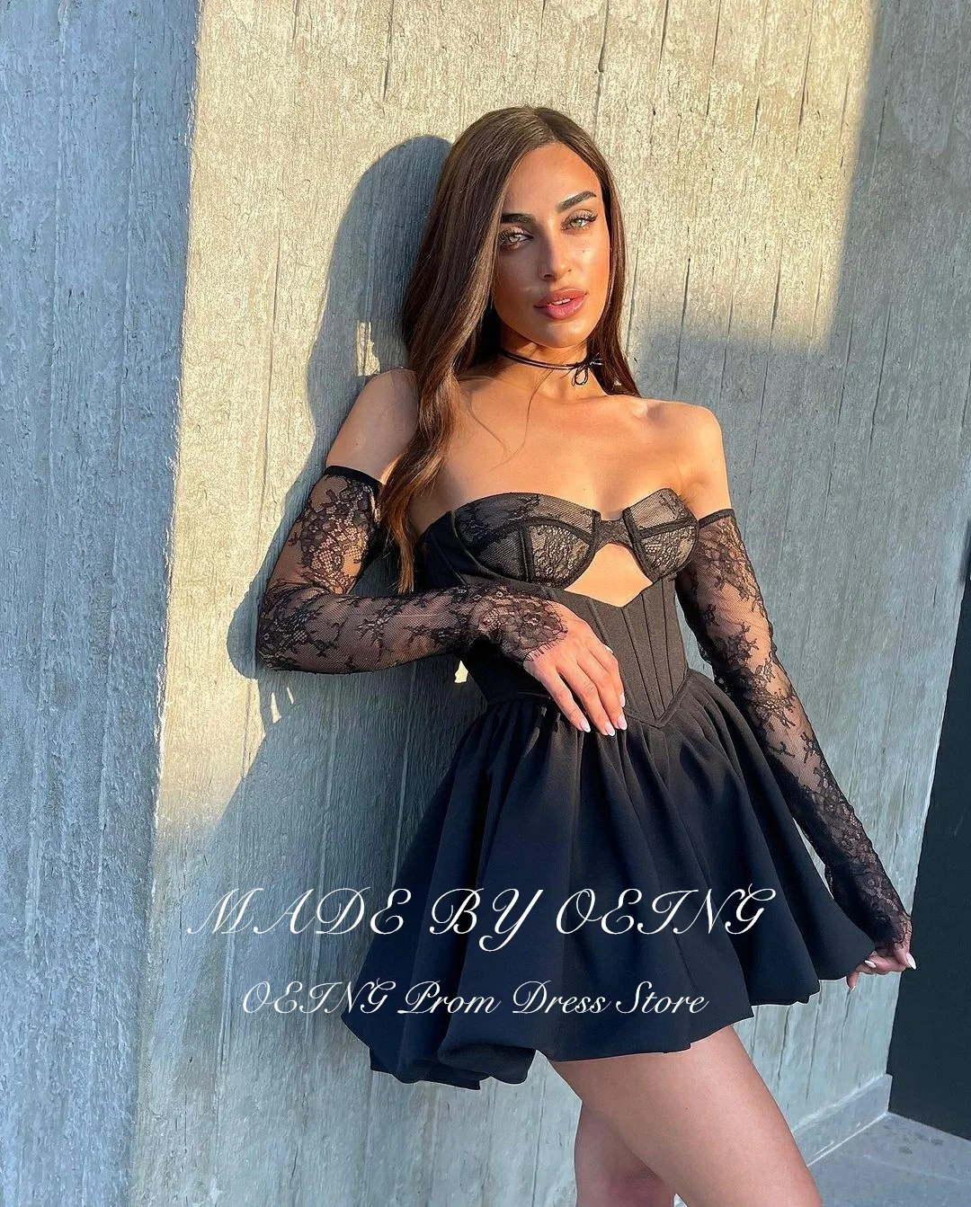 OEING Sexy Black Lace Mini Party Dresses Short Lady Cocktail Dress Night Event Formal Club Gowns Long Sleeves Formal Dress