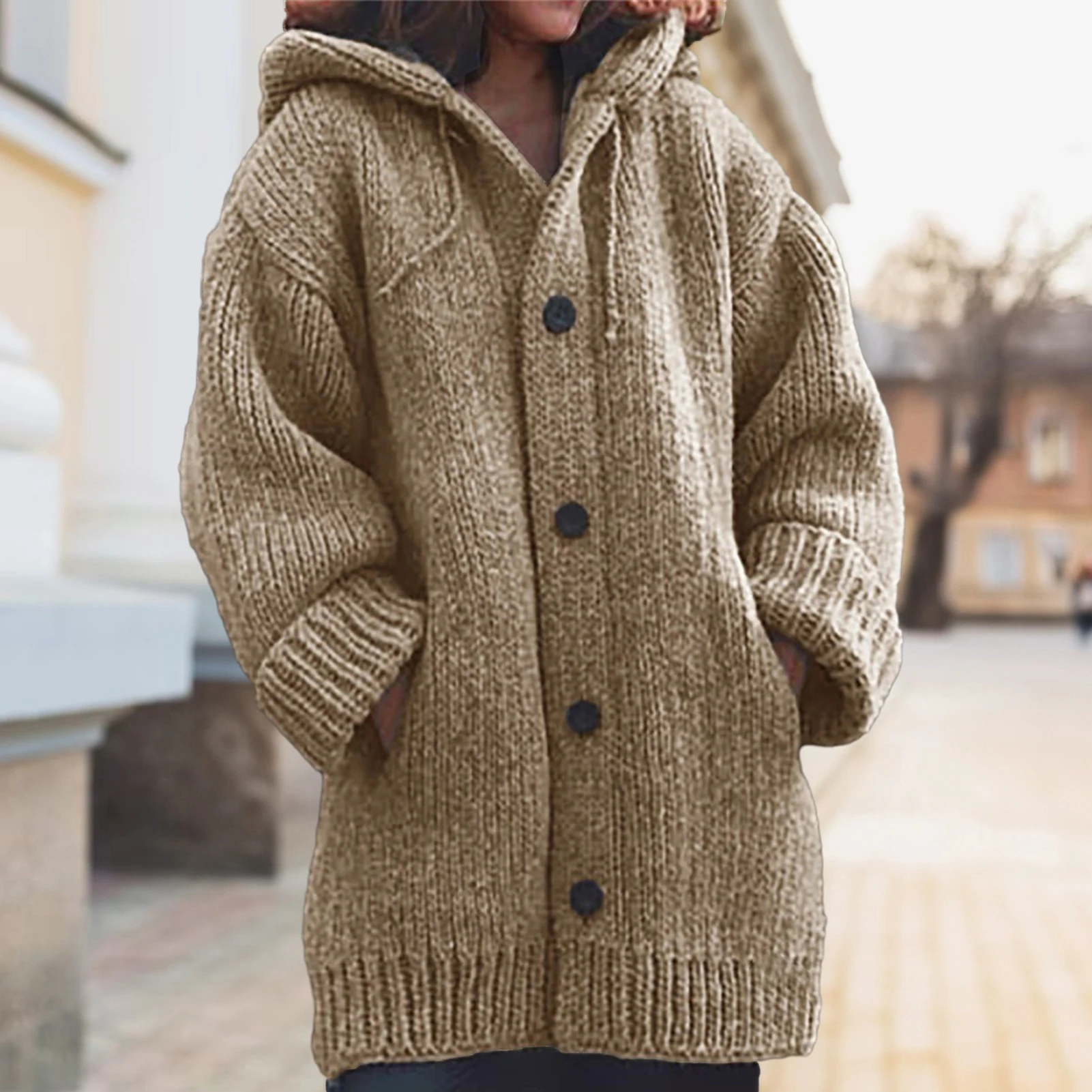 Buttons Closure Long Sleeve Women Cardigan Autumn Winter Patchwork Drawstring Hooded Knitted Coat Outerwear