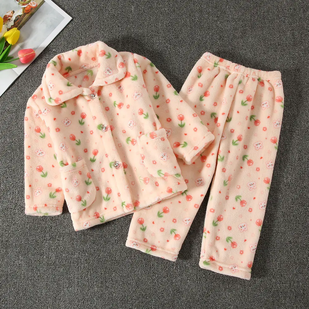 Fall and Winter Children\'s Coral Velvet Pajamas Homewear Suit Boys Girls Girls Baby Kids Thickened Facecloth Homewear Suit