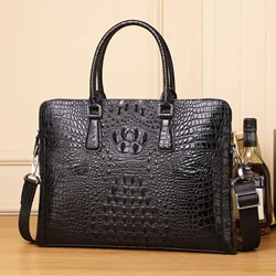 Maletín de cuero genuino de vaca para hombre, bolso de hombro de lujo con patrón de cocodrilo, para ordenador portátil