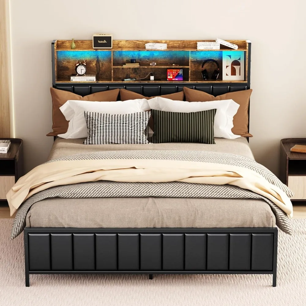 Bed Frame with Storage Upholstered Shelves Headboard, Outlets with Charging Ports and Colorful LED Lights