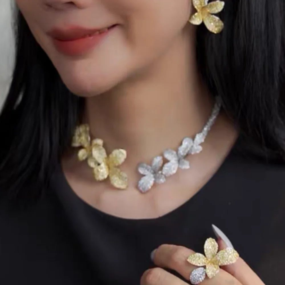 UAE Luxury Fashion 925 Sterling Silver Leaf Flower Blossom Yellow Green CZ Choker Necklace Collar For Women Party Fine Jewelry