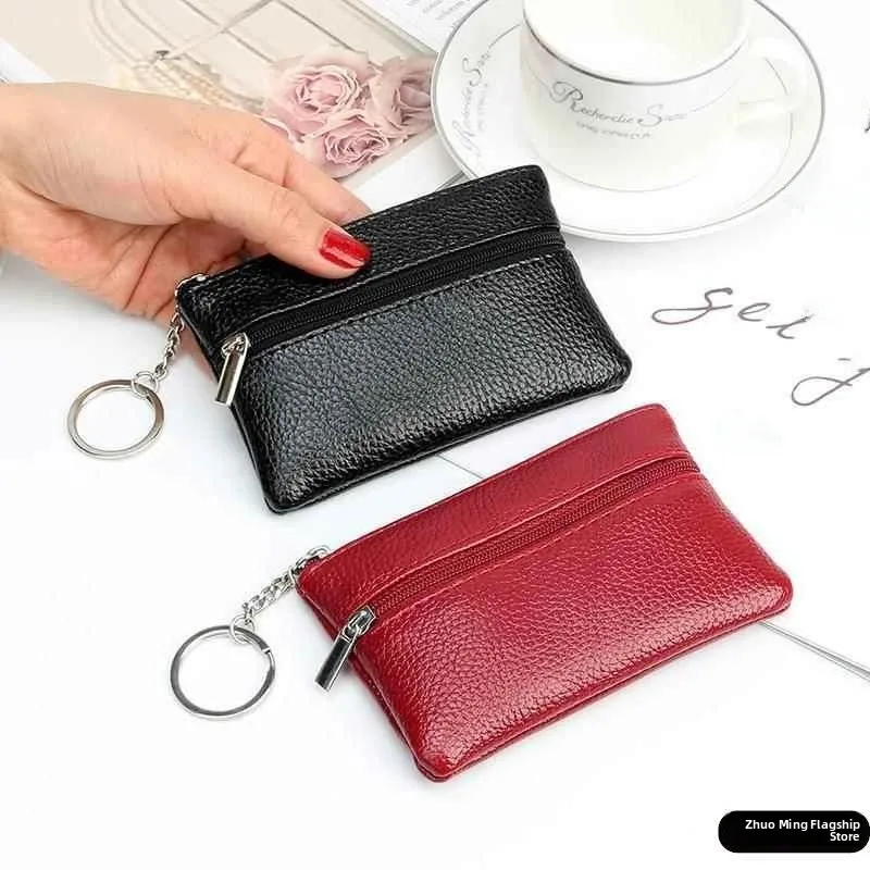 Top Layer Cowhide Soft Leather  Wallet Women's Card Holder Key Holder Short Style Coin Purse Zipper Closure Functional Bag