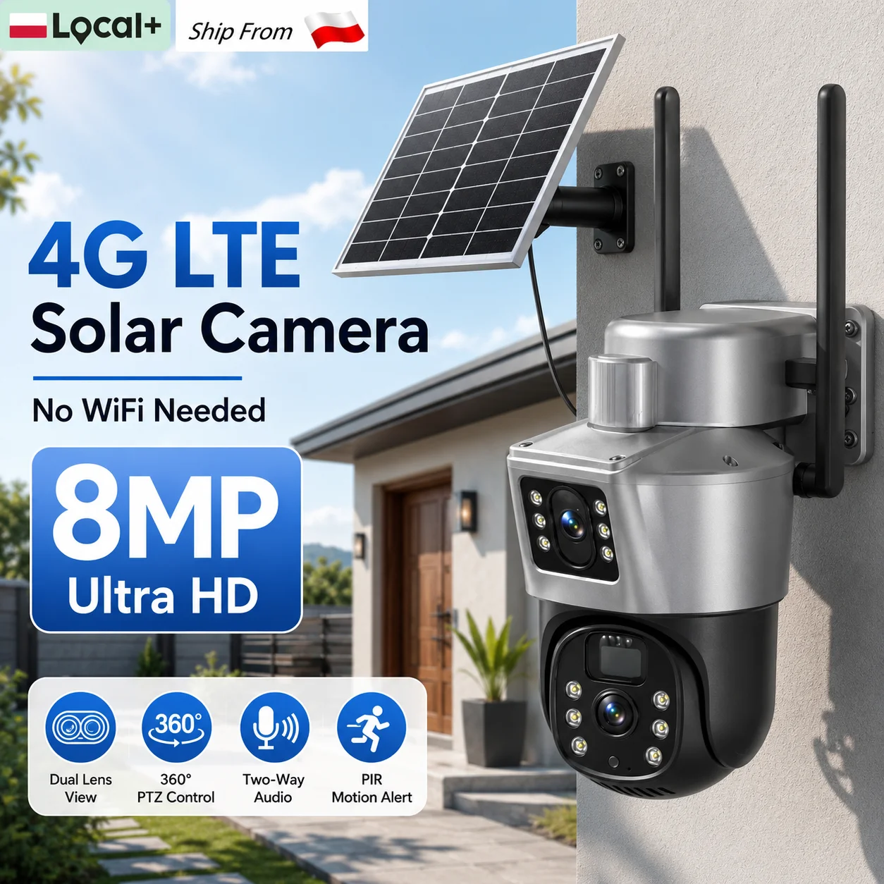 8MP 4G LTE Solar-Sicherheitskamera für Außenbereich mit Doppellinse und Doppelbildschirm, PTZ-Kamera ohne WLAN-Bedarf, Solarbetriebene CCTV-Kamera mit PIR-Bewegungserkennung, Zwei-Wege-Audio, 360° °
