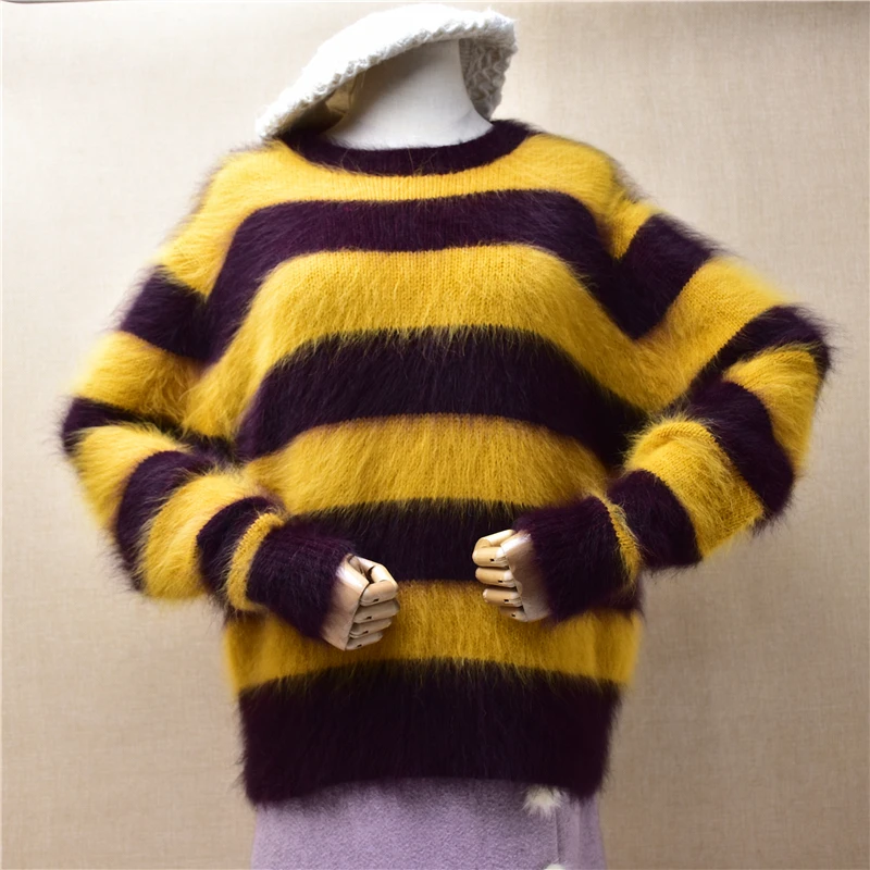 

Female Women Fall Winter Striped Hairy Mink Cashmere Knitted O-Neck Long Sleeves Loose Pullover Angora Fur Sweater Jumper Pull