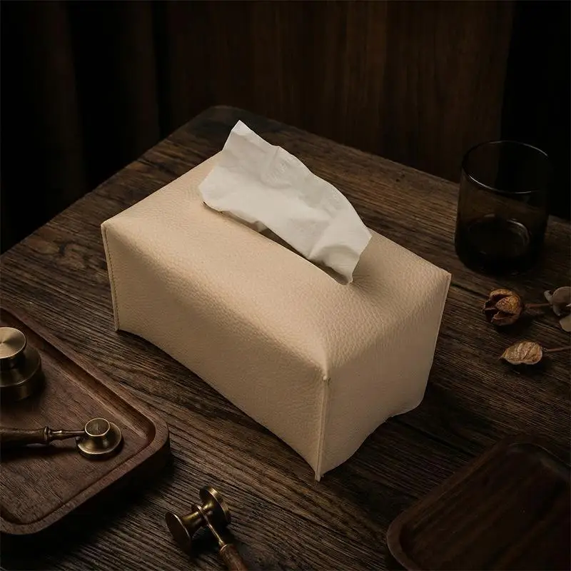 Tissue Box Cover Refined PU Leather Foldable Tissue Box Holder - Decorative Holder/Organizer For Bathroom Vanity Countertop
