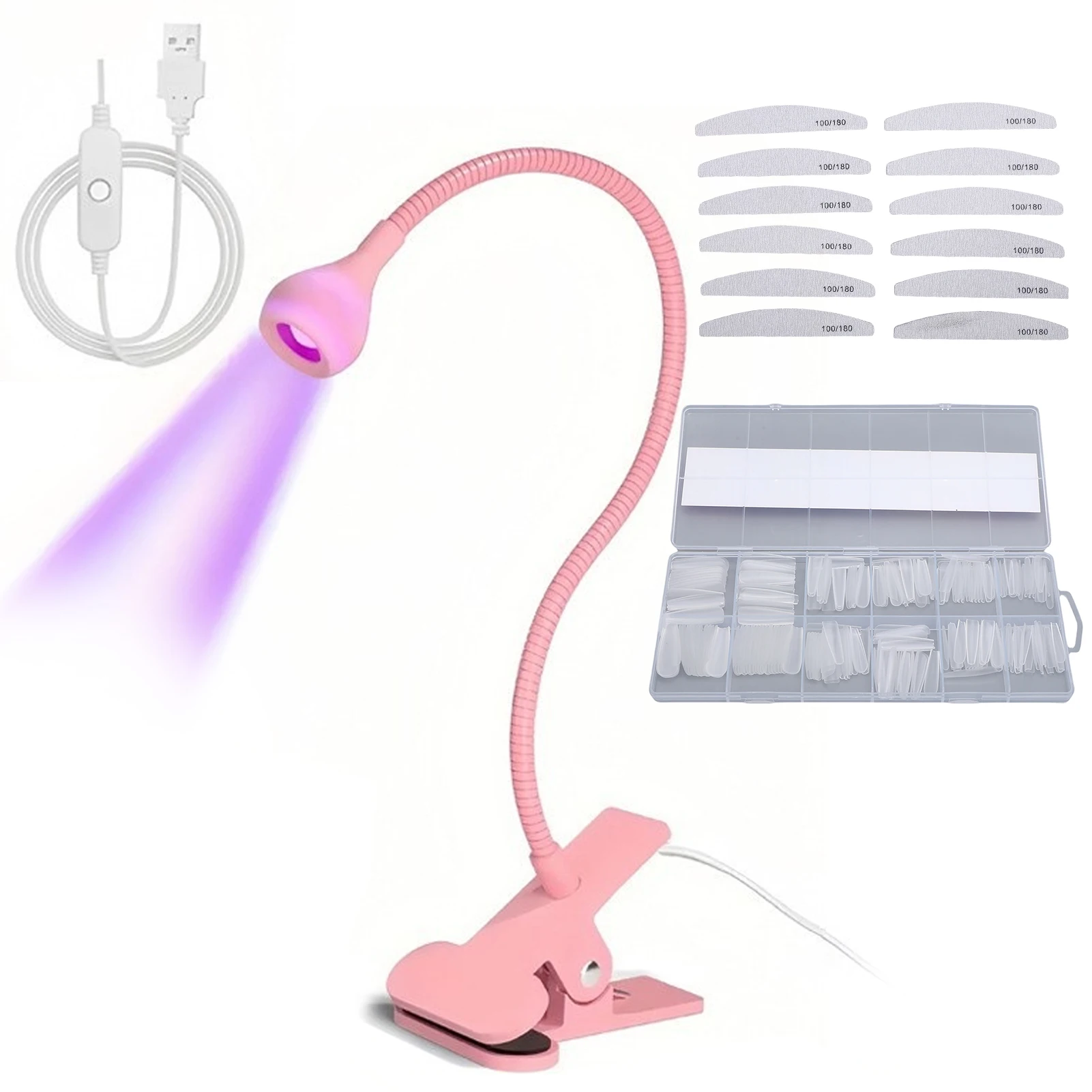 

Набор для нейл-арта, маникюрный набор, USB-сушилка для ногтей, 240 типсов для ногтей 12 размеров, 12 пилочек для ногтей, лампа для маникюра с гибкой штангой из алюминиевого сплава