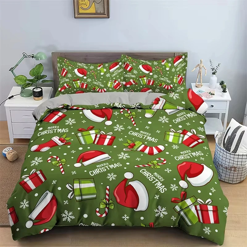 Christmas Duvet Cover Full Queen Cartoon Bedding Set Microfiber Christmas Bell Balls Quilt Cover for Boys Girls Room Dorm Decor