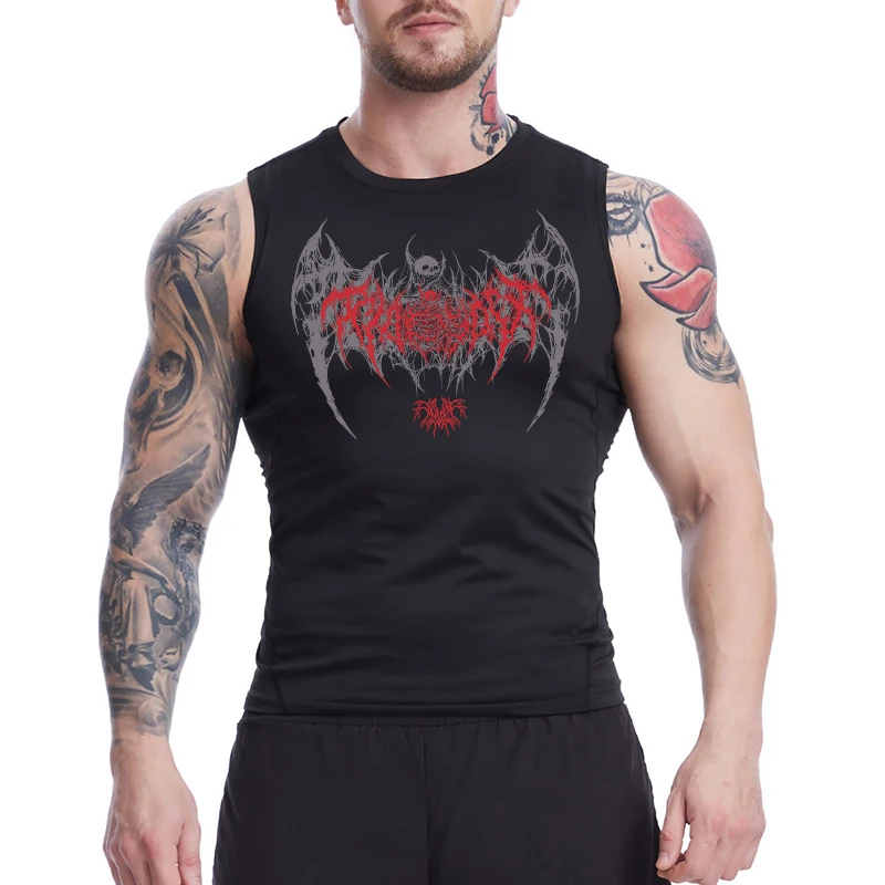 Ärmelloses Kompressionsshirt mit Totenkopf-Flügel-Print für Herren, sportliche, schnell trocknende Tanktops, Fitness-Workout-Lauf-Baselayers, Unterhemden – Detail 9
