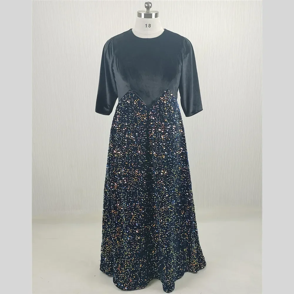 

Real Photo Customized Modest Evening Dress Black Velvet Sequins O-neck 3/4 Sleeves A-line Plus size Woman Party Formal Gown