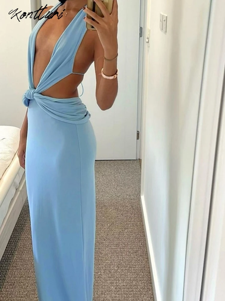 Kontturi New Fall Halter Evening Dresses 2024 Women Solid Sleeveless Backless Bandage Long Dress Blue Bodycon Party Maxi Dresses