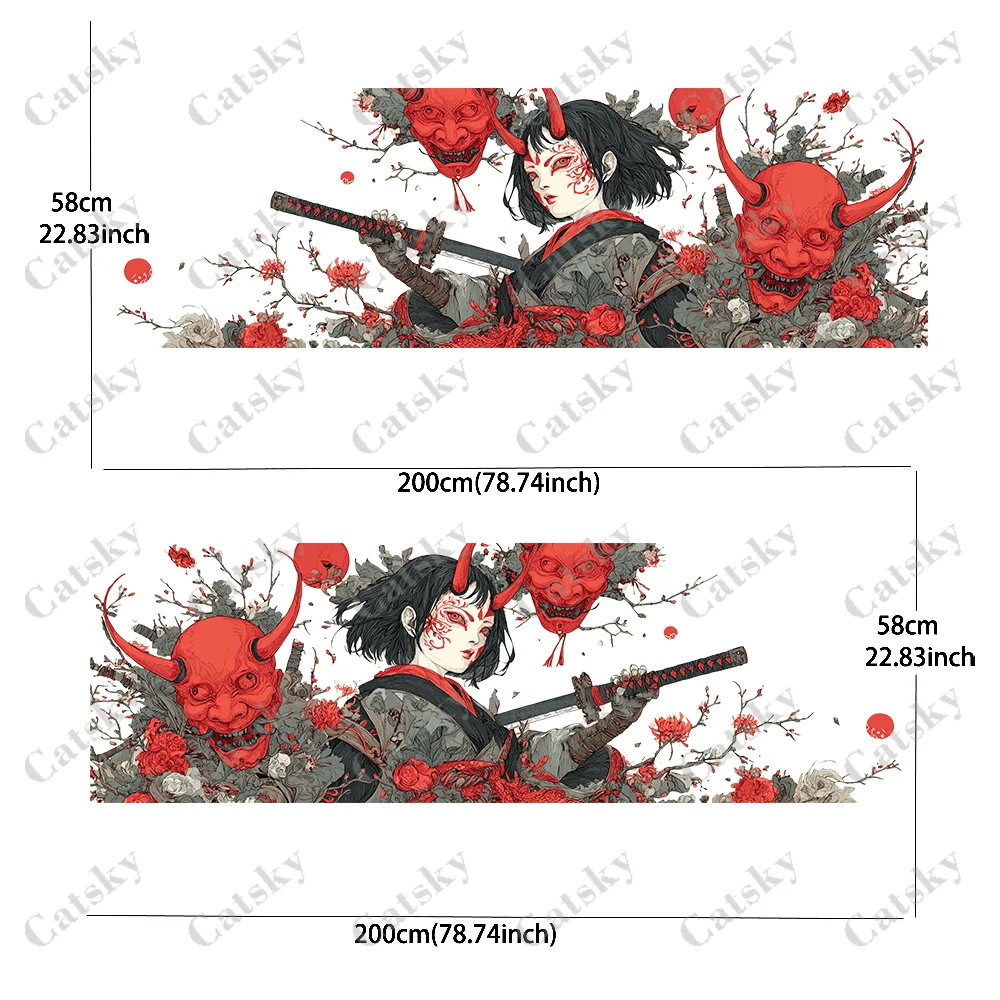 Demon horned knife-wielding woman and Hyakki mask flower splatter sticker, for cars and trucks, durable, fade resistant, easy to