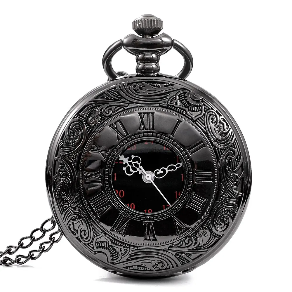 Vintage Charm Black Unisex Fashion Roman Number Quartz Steampunk Pocket Watch Women Man Necklace Pendant with Chain Gift