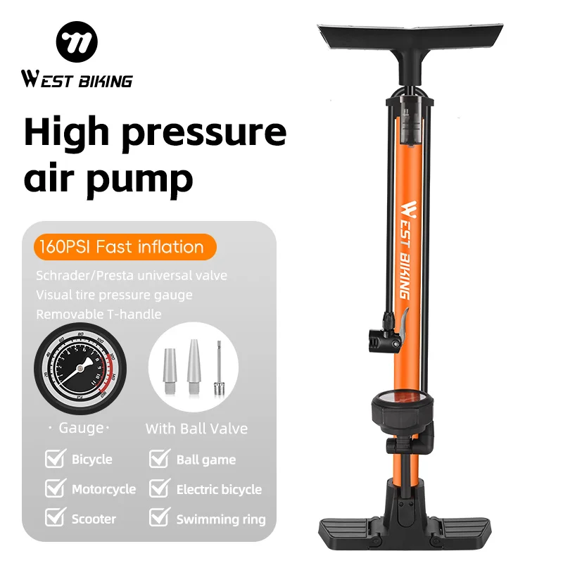 WEST BIKING Bicycle Pump Schrader Presta 160PSI Portable Bike Air Pump with High-Pressure Gauge Inflator for Bicycles Cars