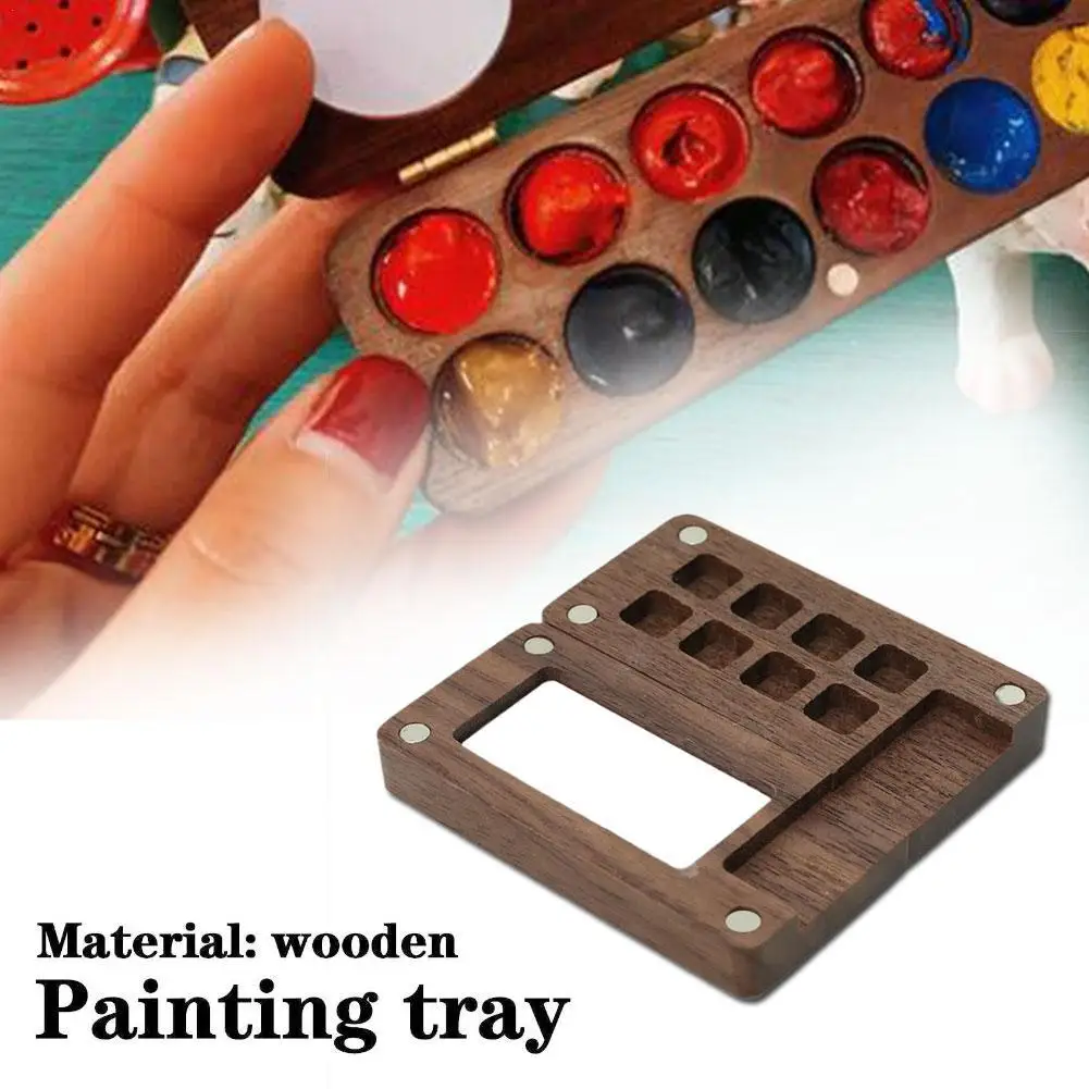 

8 Grids Portable Wooden Handmade Watercolor Paint Box Palette Empty Black Mini Supplies Paint Walnut Box Painting