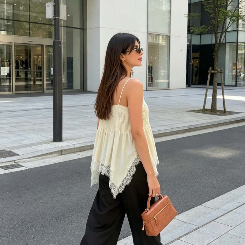 MUJER Plissiertes Spitzen-Camisole-Top für Damen Sommer 2026 – Sexy rückenfreies Top mit Trägern im Street-Style für den Abgang ins Ausgehen – Detail 7