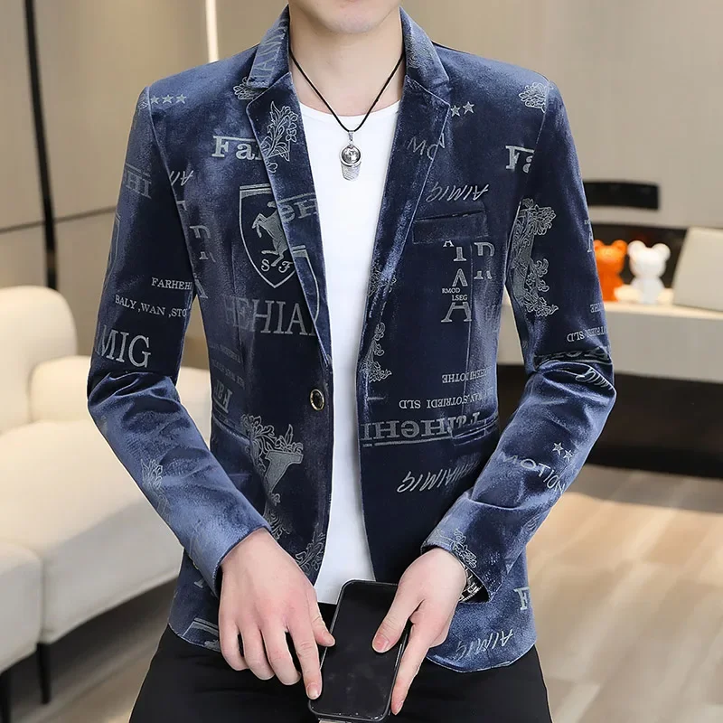 Luxury Gold Velvet Men Blazers Autumn Korean One Button Slim Male Casual Suit Jacket New Arrival Brand Bronzing Blazer Masculino