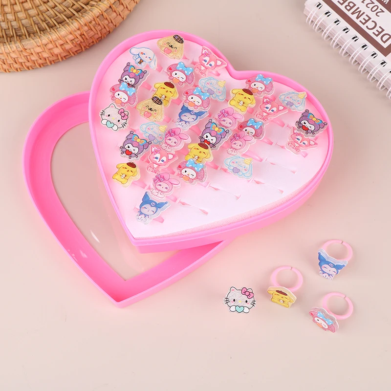 36 pz/scatola Sanrio Hello Kitty Kid Ring Kids anelli per bambini regolabili anelli per bambini del fumetto di moda con regalo per feste con scatola a cuore