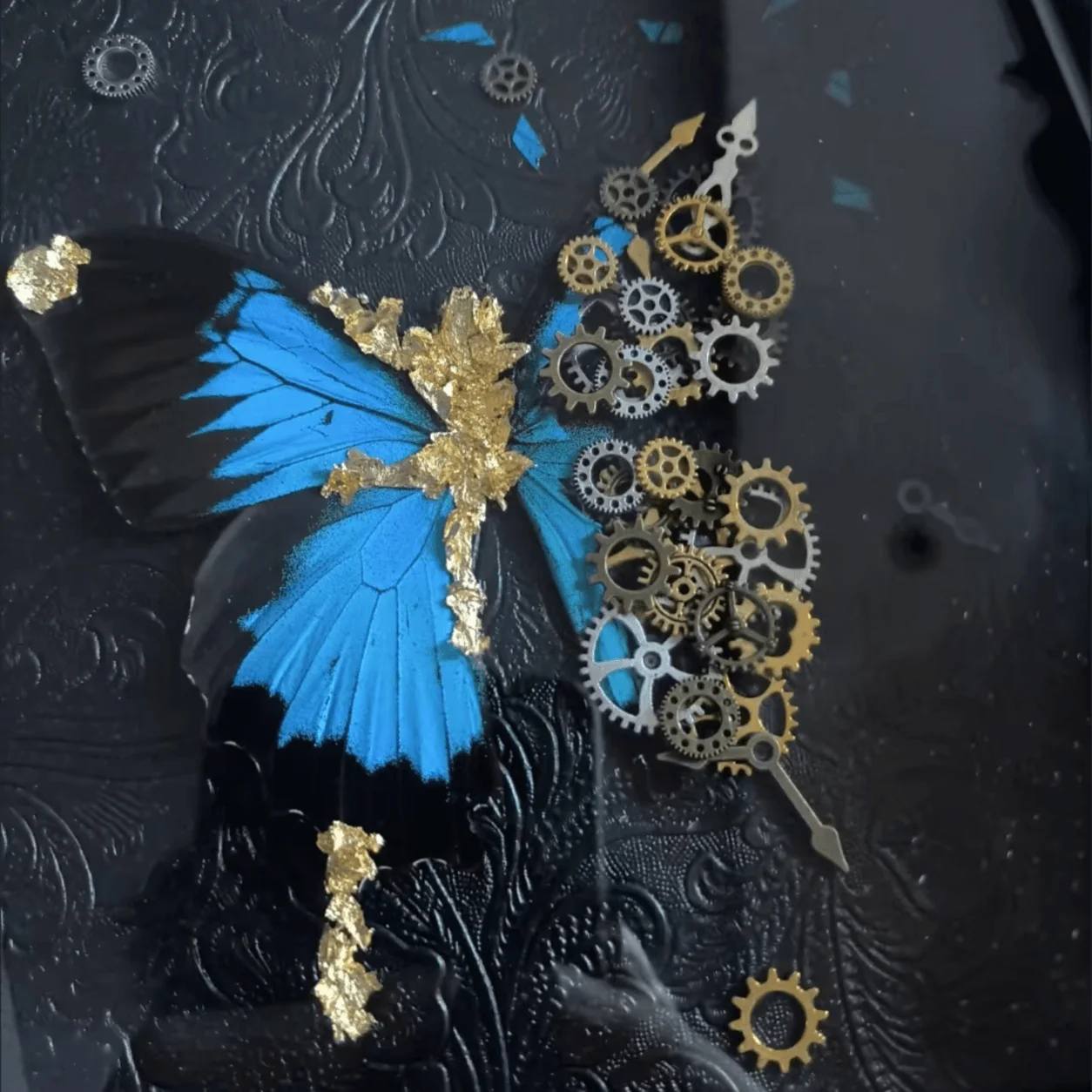8-Inch Steampunk Ulysses Butterfly Shadow Box, Real Butterfly Wings and Mechanical Gear Art, Gothic Home Decor