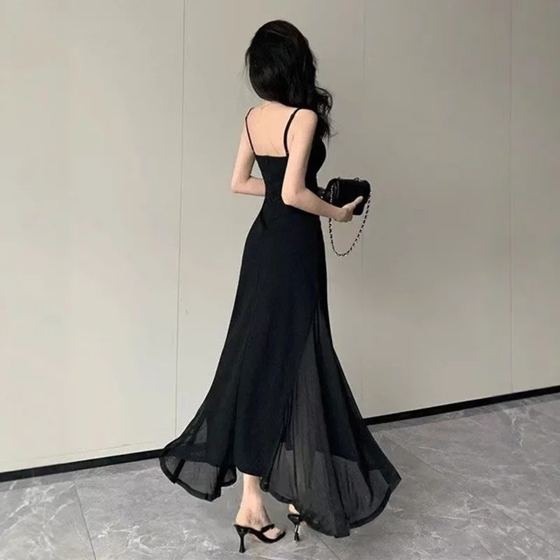 Vestido de verano sin espalda de estilo francés, vestido largo negro para mujer, vestido Midi adelgazante elegante, fibra de poliéster sin mangas, cintura imperio