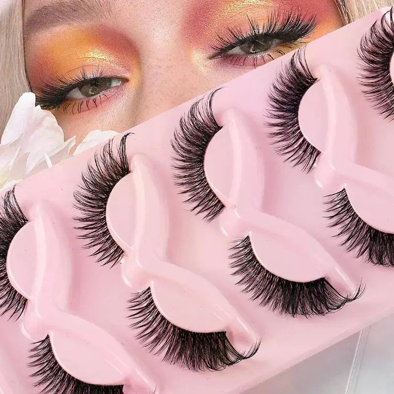 5 Pairs Cat Eye Lashes Fake Eyelashes Faux Mink Eyelashes Natural Long Manga Lashes Winged End Eye Elongated Lashes Makeup Tool