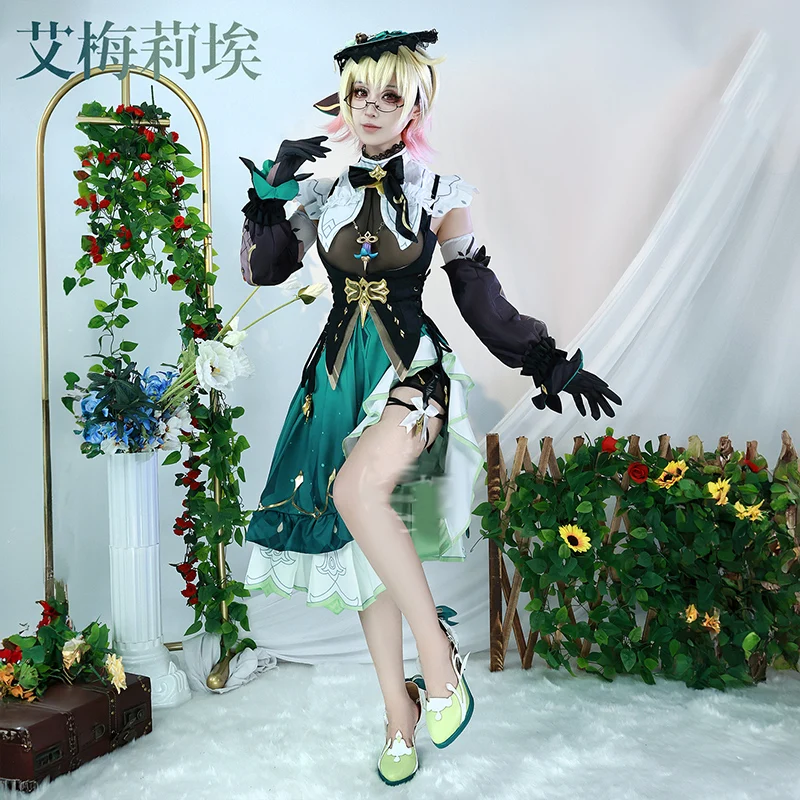 Game Genshin Impact Cos Perfumer Emilie Cosplay Costume Green Sexy elegant Dress Women  Outfit