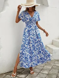 long dresses 2024 women's bohemian printed sexy V-neck short sleeved dress