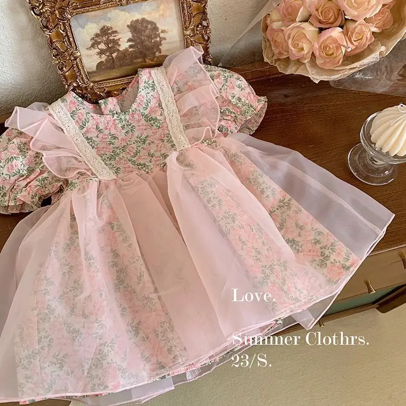 

Girls' Dress Summer New Children's High-end Sweet Dress Toddler Floral Baby Princess Dress Summer