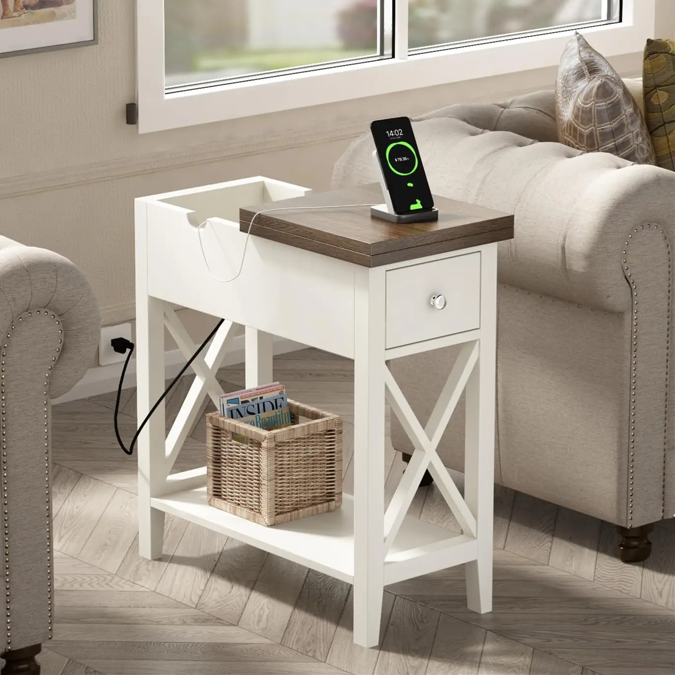 

Farmhouse End Table with Charging Station, Accent Small Side Table Nightstand for Living Room, Bedroom, and Small Spaces