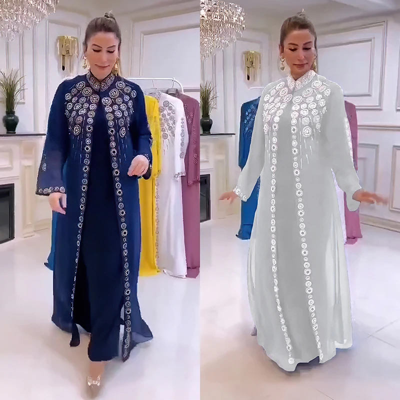 

Chiffon Boubou Muslim Fashion Diamonds Abaya 2 PCS Set Dubai Turkey Maxi Dress Musulman Ensembles Caftan Marocain Islam Clothing