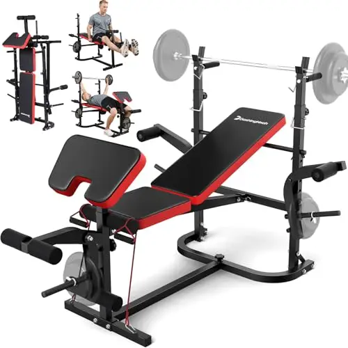 6-in-1 Foldable Weight Bench Set, 1695LBS Adjustable Workout Bench/Barbell Rack/Curl Pad, Bench Press, Leg Extension