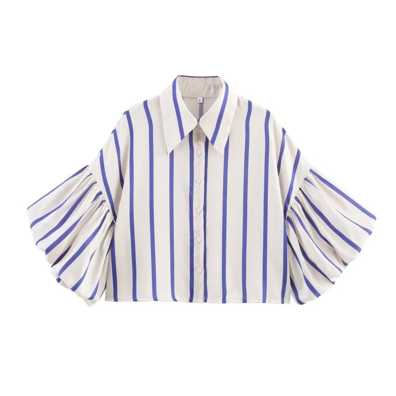 

Женская летняя повседневная полосатая рубашка с объемными рукавамиЖенская короткая рубашка на пуговицах Простая женская модная рубашка и рубашка