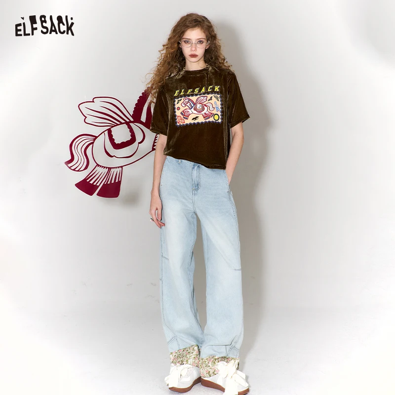 ELFSACK Women Straight Leg Jeans 2026 Cotton Wide Leg Floral Hem Patch New Oriental Style Sweet Casual Pants