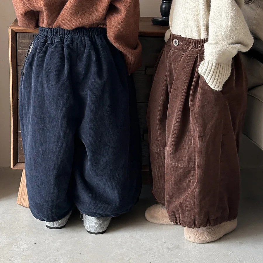 2025 Men's and Women's Baby Forest Series Retro Thick Pants for Children's Winter with Velvet Corduroy Wide Leg Pants