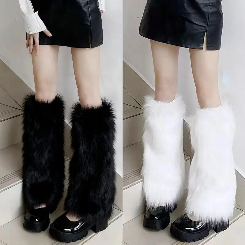 인조 모피 레그 워머 부츠 커버 Y2K 고스 솔리드 레그 삭스 펑크 JK 무릎 길이 핫걸 패션 무릎 길이 힙합 스타킹
