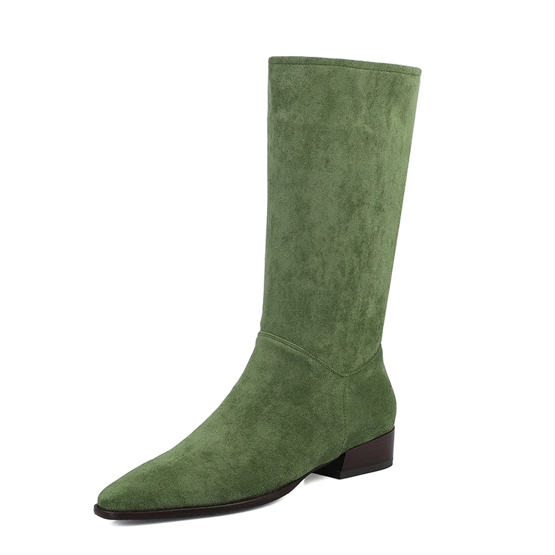 Flock Slip On donna stivali a metà polpaccio nuovo autunno Sexy stivali con punta quadrata tacchi bassi rosa albicocca marrone verde Boot