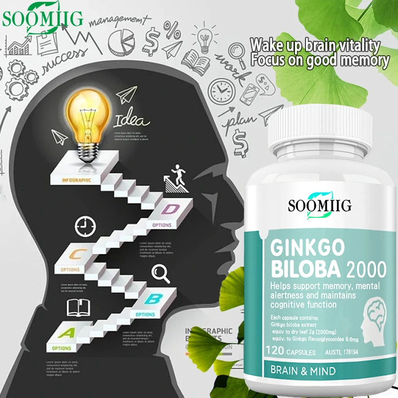 Soomiig Ginkgo Leaf Capsules - Brain Booster, Improve Memory, Concentration, Promote Blood Circulation in The Brain, Anti-aging