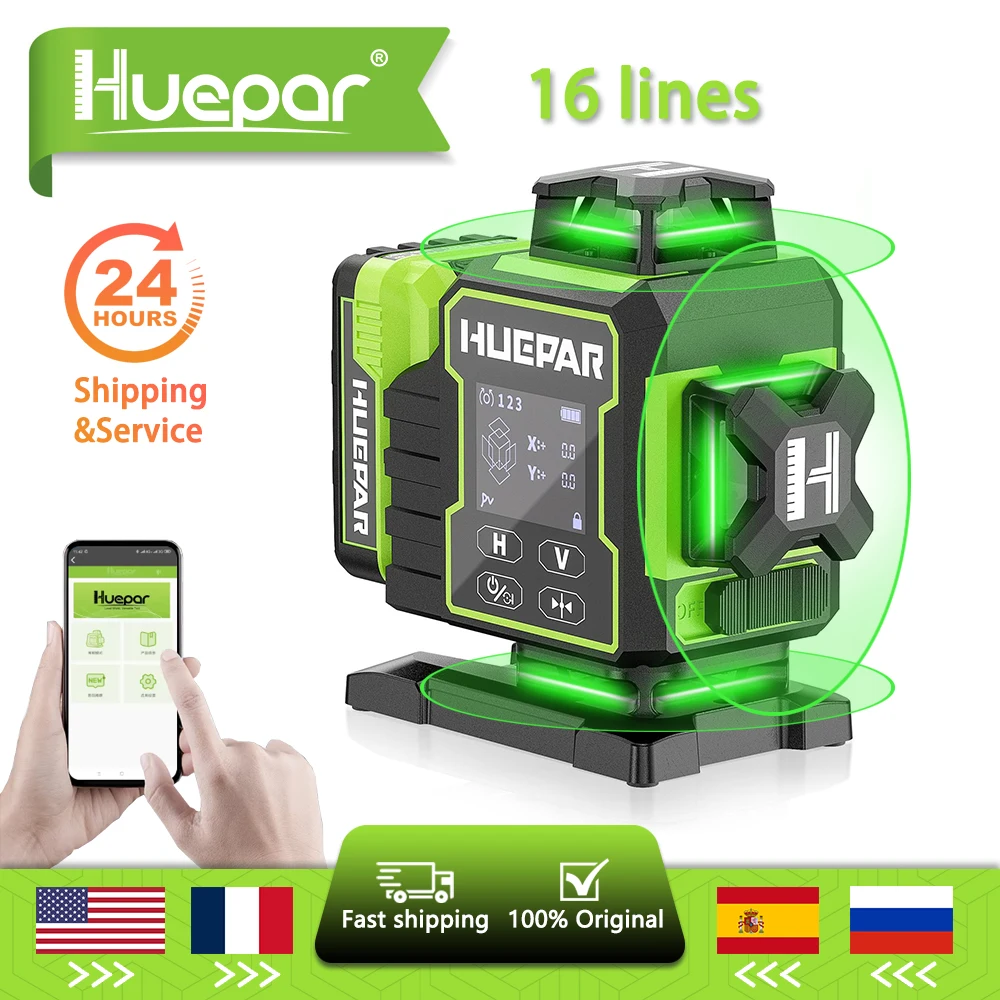 Huepar W04cg 4d 16 Linhas Feixe Verde Nível Laser Autonivelante com Controle Remoto e Controle Bluetooth