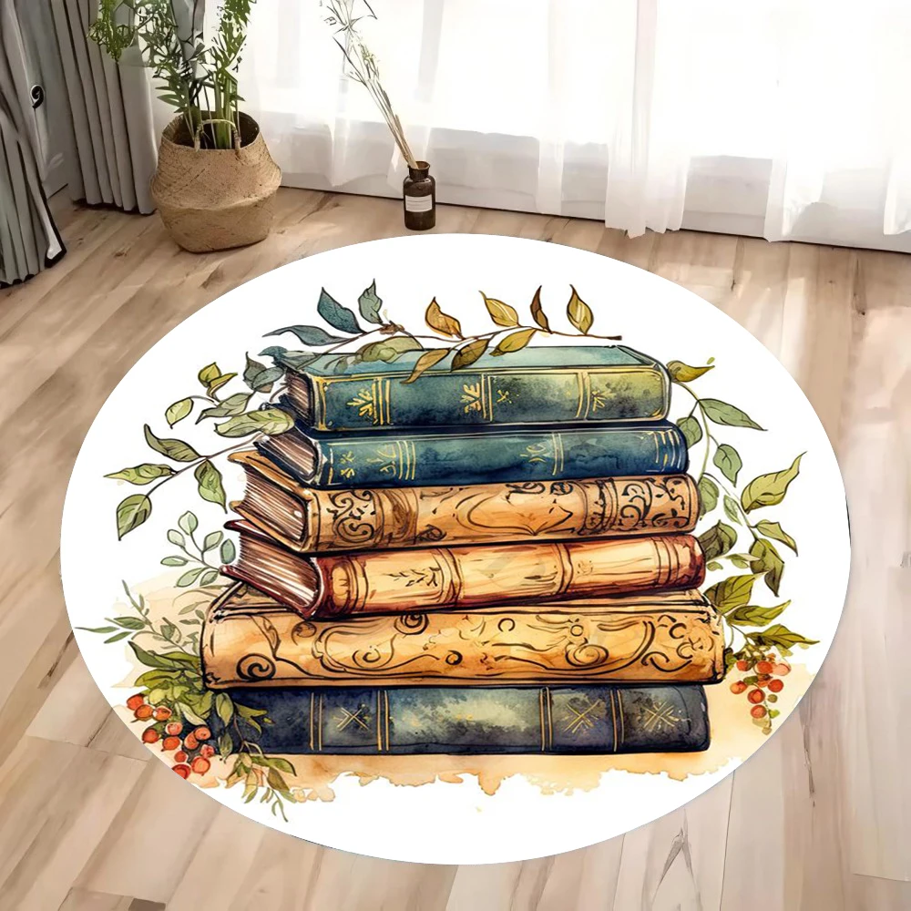Retro Mysterious Ancient Books Print Round Carpet – Floral & Butterfly Design Anti-Slip Mat for Bedroom, Living Room, Chair
