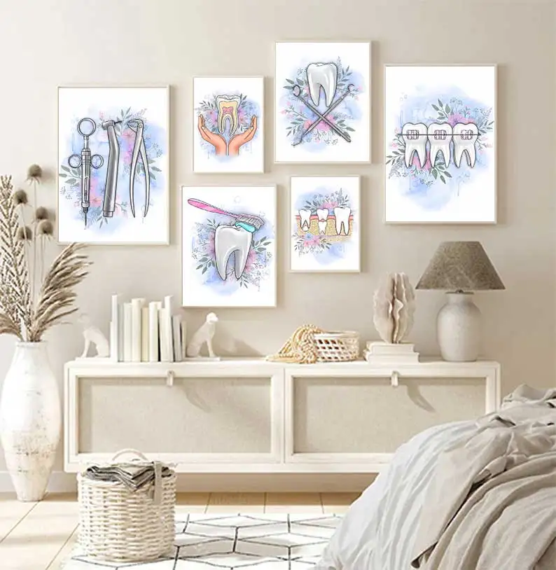 Watercolor tooth anatomy canvas painting, floral posters and prints, Dental Clinic Decor, Dentist Gift, Wall Ar
