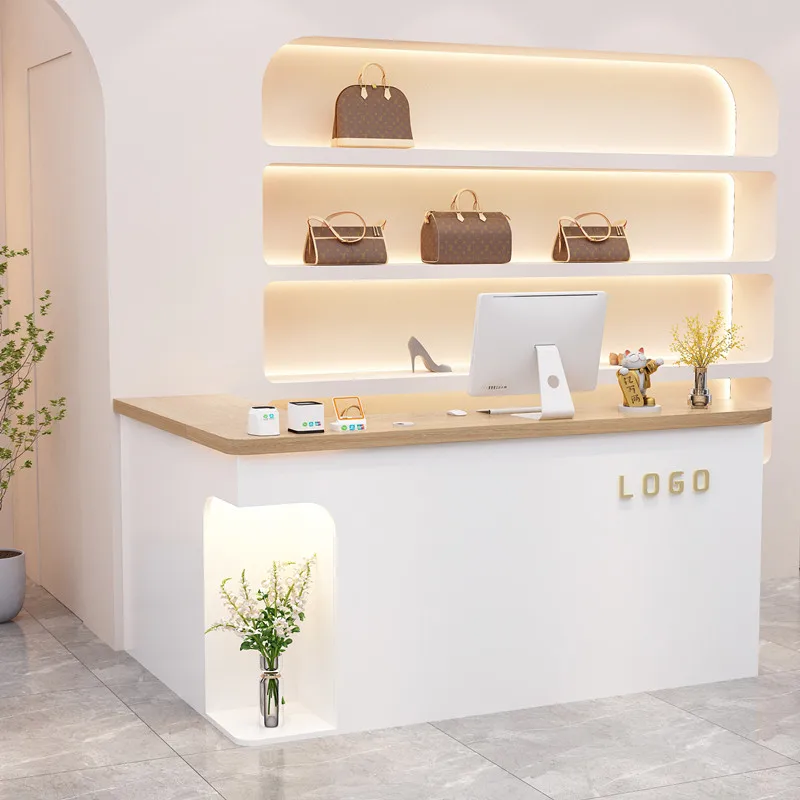 Cream wind corner checkout page L-shaped bar beauty salon front desk reception desk simple modern bar table ins lights