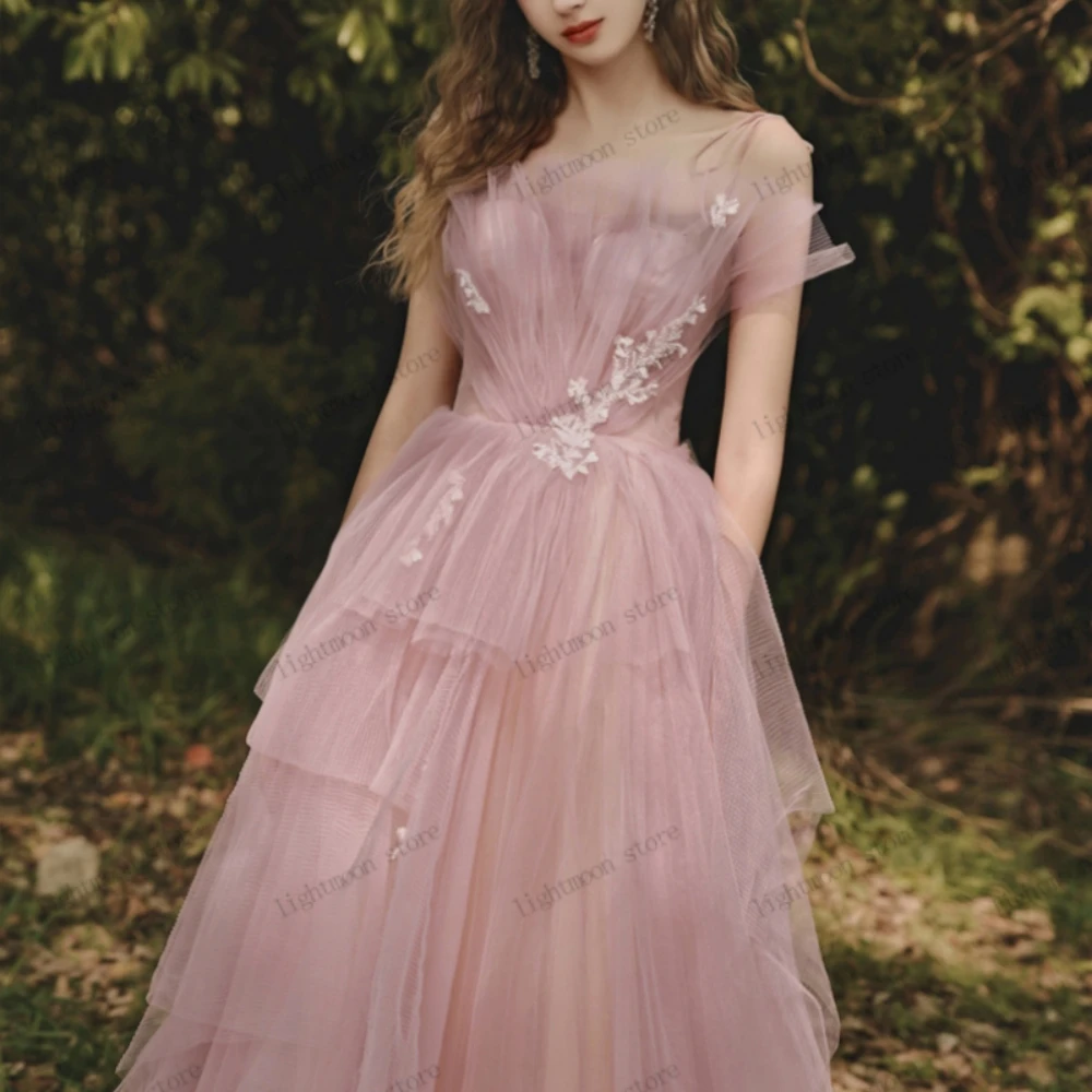 

Graceful Evening Dresses A-Line Illusion Prom Dress Lace Appliques Floor Length Robes Tulle Tiered Pink Vestidos De Noche 2024